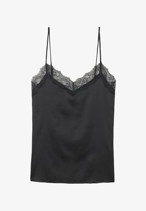 Schwarzes Satin-Camisole mit verstellbaren Spaghettiträgern und einem gewellten Spitzenbesatz am Ausschnitt, versehen mit einer glatten Textur und klassischem Design.