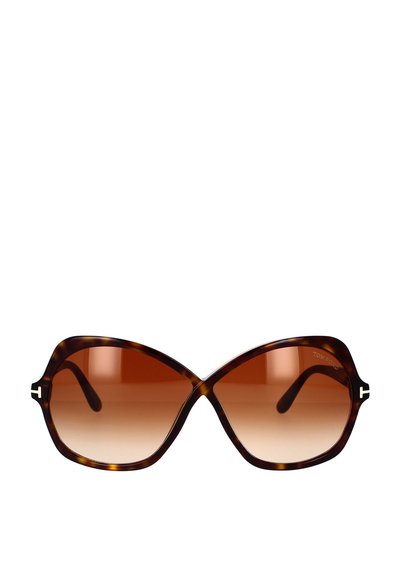 Occhiali da sole a forma di farfalla in tartaruga marrone, con lenti ambrate a gradiente e un sottile dettaglio del logo sulle aste.