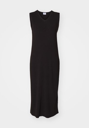 Mustassa ribbipintaisessa hihattomassa mekossa on V-pääntie, suora leikkaus ja sivuhalkiot, ja se on valmistettu pehmeästä neulemateriaalista.