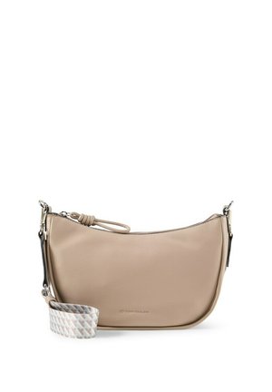 Sac à main en cuir beige en forme de croissant avec bandoulière en tissu à motifs détachable et fermeture éclair, petit logo de marque embossé à l'avant.