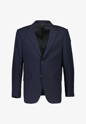 Granatowa marynarka uszyta z gładkiego materiału, z zapięciem na dwa guziki, klapami o kącie oraz dwoma przednimi kieszeniami. Podszewka wewnętrzna.