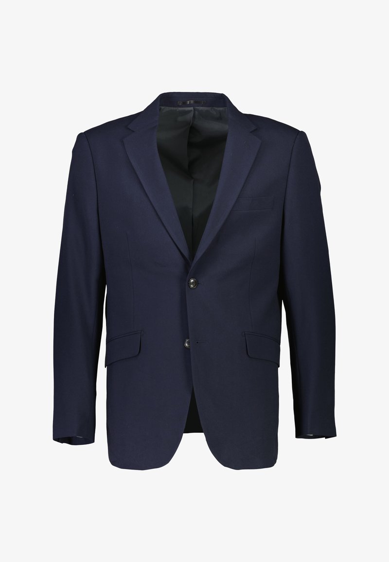 Marineblaues Blazer aus glattem Stoff, mit einem Zwei-Knopf-Verschluss, schmalen Revers und zwei vorderen Taschen. Gefüttertes Innenleben.