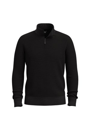 Svart zip-neck tröja med ribbad krage, mudd och nederkant. Tyget har en strukturerad yta, vilket ger en mångsidig och minimalistisk design.