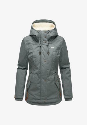 Grijze winterjas met een capuchon, voorzien van rits- en knoopzakken, een zachte binnenvoering en elastische manchetten voor een perfecte pasvorm.