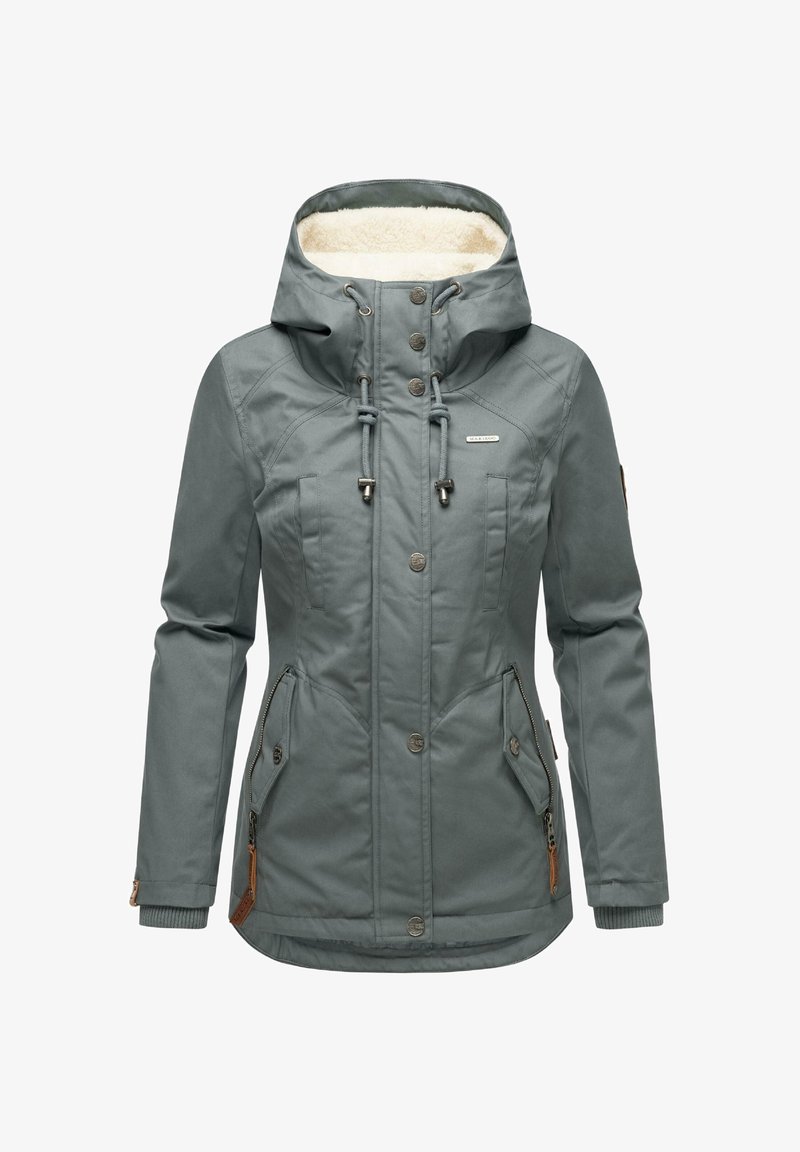 Szürke téli dzseki kapucnival, cipzáras és gombos zsebekkel, puha belső béléssel és rugalmas mandzsettákkal a kényelmes illeszkedésért.