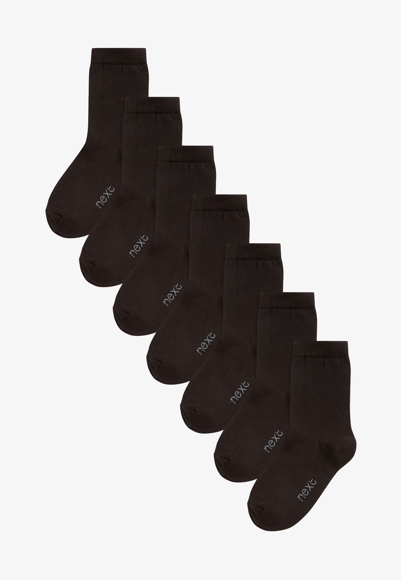 Set aus acht schwarzen Baumwollsocken mit Rippstruktur und verstärkter Zehenpartie. Jede Socke hat ein kleines weißes Logo an der Seite.