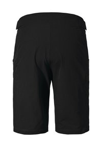 Schwarze Shorts mit glatter Textur, ausgestattet mit einem mittelhohen Bund und seitlichen Taschen. Das Design ist schlicht, mit klaren Linien und ohne Muster.
