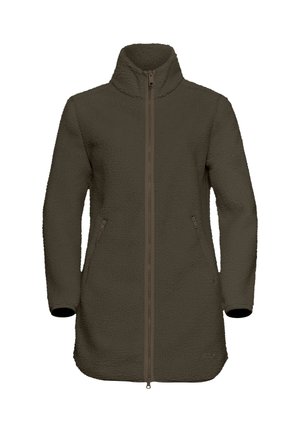 Fleece-Mantel in Dunkelolivgrün, mit hohem Kragen, durchgehendem Reißverschluss und zwei Seitentaschen mit braunen Reißverschlüssen. Weiches, strukturiertes Material.