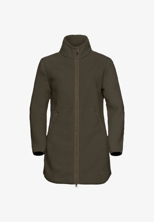 Fleece-Mantel in Dunkelolivgrün, mit hohem Kragen, durchgehendem Reißverschluss und zwei Seitentaschen mit braunen Reißverschlüssen. Weiches, strukturiertes Material.