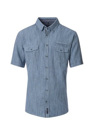 Kurzärmliges blaues Hemd mit Knopfleiste aus strukturiertem Stoff, das über zwei Brusttaschen und einen Kragen verfügt. Dezentes gestreiftes Muster.