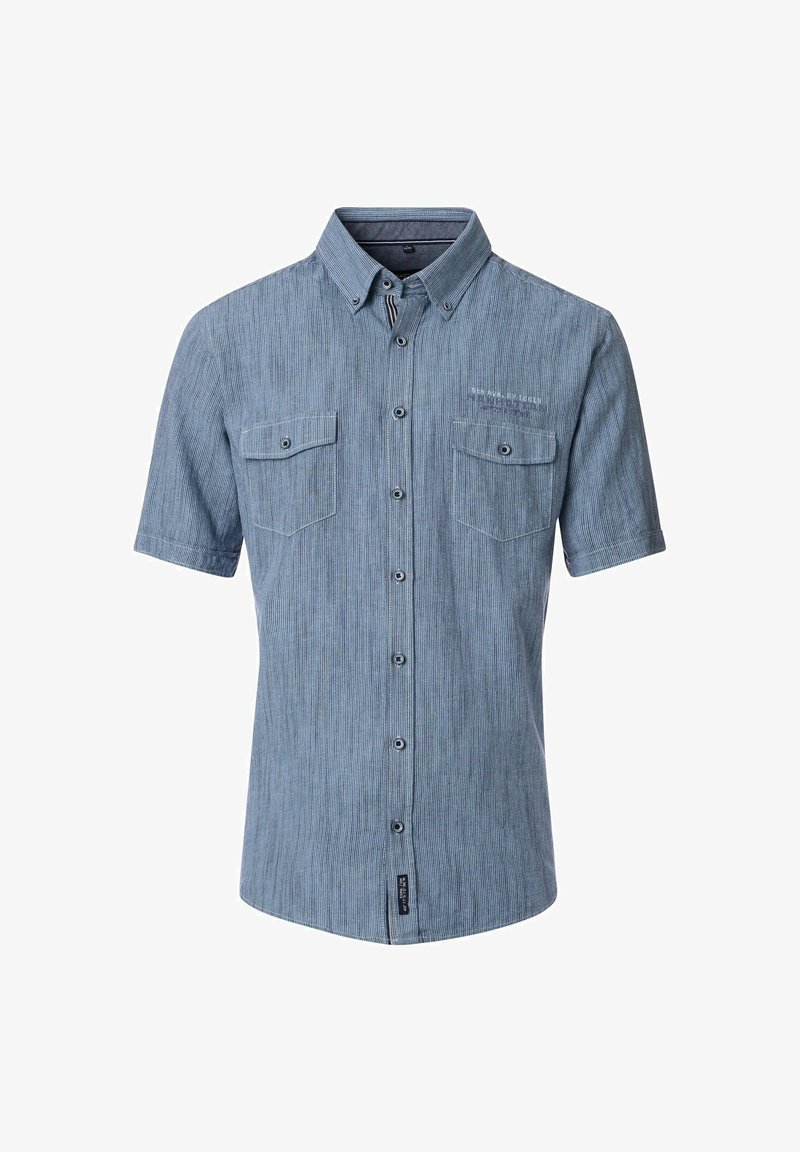 Short-sleeve blue button-up shirt made of textured fabric, featuring two chest pockets and a collared neckline. Subtle striped pattern.