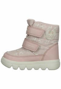 Rosa vandtæt støvle med polstret overdel, der har et kaninansigt design og to justerbare velcro-remme. Mønstret gummisål for bedre greb.