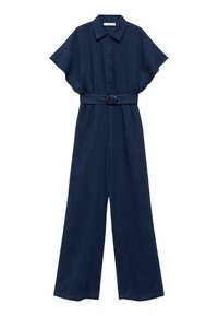 Combinaison bleu marine à manches courtes avec devant boutonné, jambes larges, col et ceinture assortie avec boucle ronde.