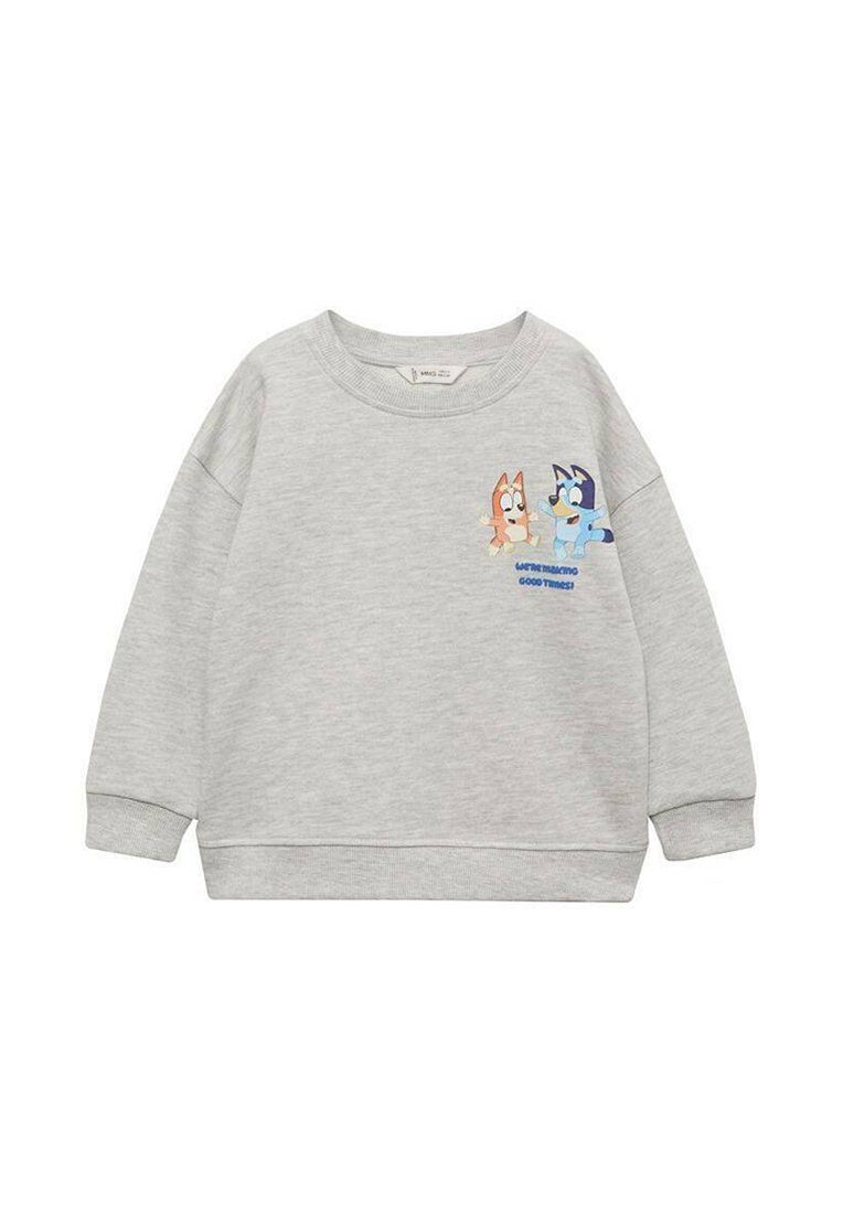 Harmaa puuvillaneule, jossa on pyöreä kaula-aukko ja rento malli. Koristeltu etupuolella kahden koiran sarjakuvagrafiikoilla ja tekstillä.