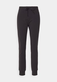 Black sweatpants made of soft fabric, featuring a drawstring waistband, fitted cuffs, and smooth texture. No patterns or logos visible.