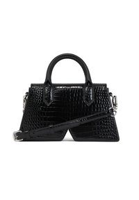 Svart handväska med krokodilprägling, strukturerad form, korta handtag, avtagbar axelrem och silverfärgade metallaccenter. Texturerad yta.
