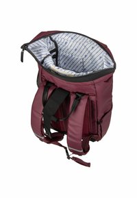 Bordeauxroter Rucksack mit verstellbaren Trägern, oberem Reißverschluss und blauer gemusterter Innenauskleidung. Verfügt über mehrere Fächer und reflektierende Akzente für bessere Sichtbarkeit.