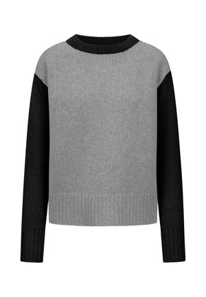 Gebreide trui in grijs en zwart, met een geribbelde textuur, ronde hals en lange mouwen. Heeft een kleurblokontwerp.