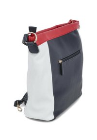 Leather handbag with red, navy, and white sections, featuring a zippered back pocket, rounded top, and adjustable shoulder strap.