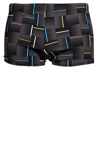 Schwimmshorts mit schwarzem Grund, der ein Gittermuster mit erhabenen Linien und kontrastierenden Streifen in Blau, Grün und Weiß aufweist. Stretchstoff.