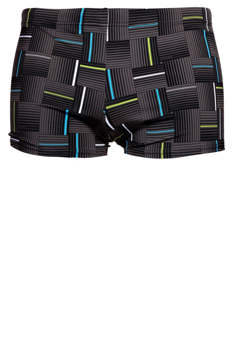 Schwimmshorts mit schwarzem Grund, der ein Gittermuster mit erhabenen Linien und kontrastierenden Streifen in Blau, Grün und Weiß aufweist. Stretchstoff.