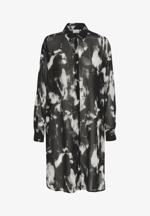 Black and white sheer button-up shirt, featuring a fluid abstract pattern, long sleeves with cuffs, and a classic collar design.