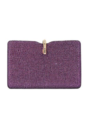 Prostokątna fioletowa kopertówka pokryta drobnymi kryształkami, z zapięciem w odcieniu złota na środku u góry.