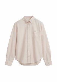 Light pink men's button-up shirt with fine vertical stripes, chest pocket with small embroidered logo, and long sleeves with buttoned cuffs.