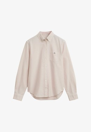 Helles rosa Herrenhemd mit feinen vertikalen Streifen, Brusttasche mit kleinem gesticktem Logo und langen Ärmeln mit knöpfbaren Manschetten.