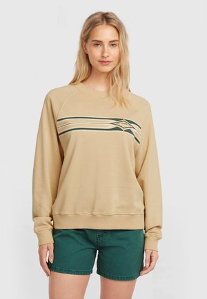 Bež pulover z zelenimi in kremastimi črtami čez prsi. Dizajn vključuje raglan rokave in rebrast rob. Kombiniran z zelenimi kratkimi hlačami.