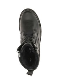 Schwarze Leder-Stiefelette mit runder Zehenpartie, Schnürung vorne und seitlichem Reißverschluss. Weiche Innenauskleidung und strukturierte Sohle. Minimalistisches Design.