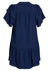 Abito blu navy realizzato in tessuto testurizzato, con maniche vaporose, orlo arricciato e piccoli motivi a pois su tutta la superficie.