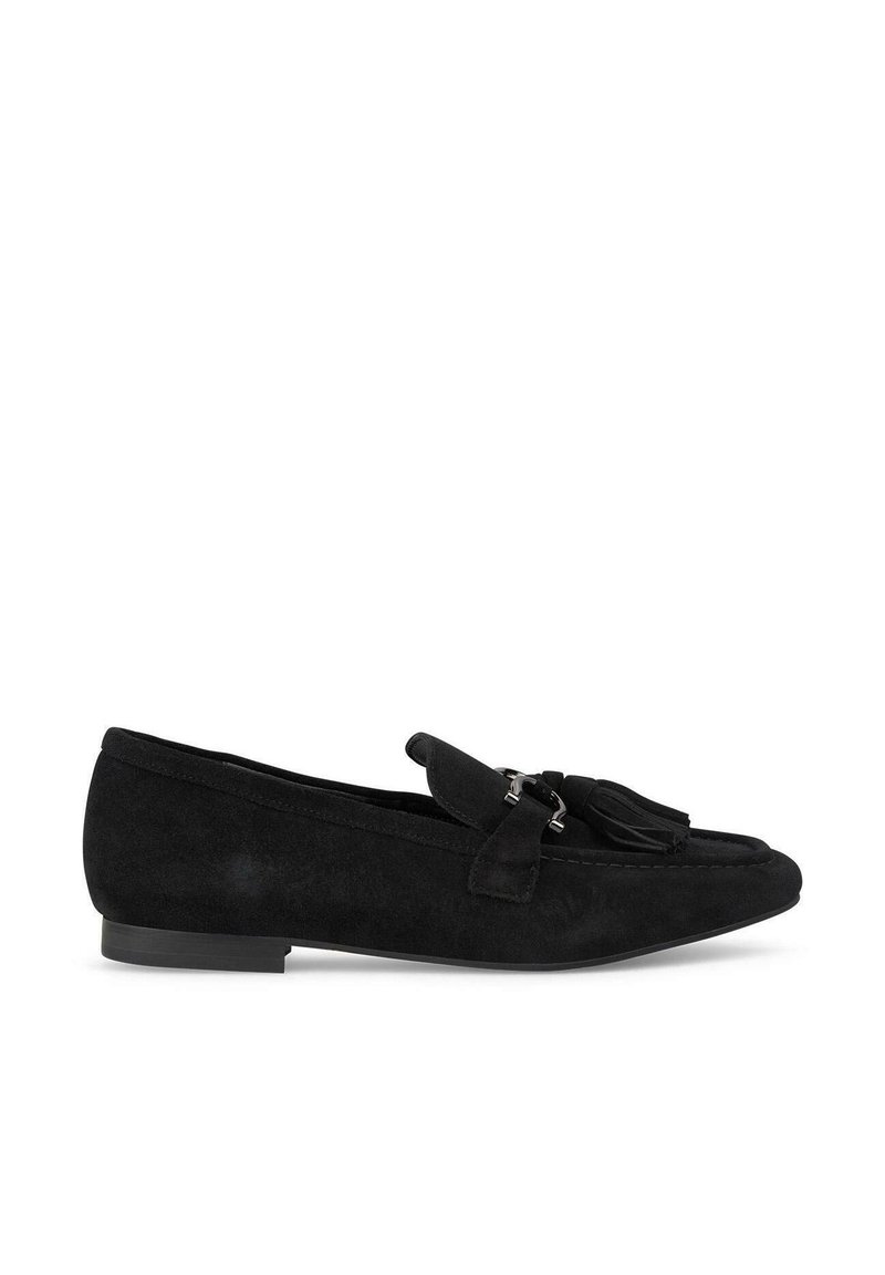 Schwarze Wildleder-Lederschuhe mit runder Zehenform, dekorativen Quasten und einer flachen Sohle. Verfügt über genähte Details und ein elegantes Design.