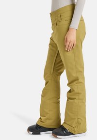 Pantaloni da neve in verde oliva, realizzati in materiale impermeabile, con design a gamba dritta, chiusura con due bottoni e orli rinforzati.