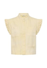Krämfärgad blus med korta ärmar, volangkrage och ärmar, två bröstfickor och knäppning framtill.