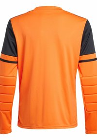 Langarm doelschermer shirt in fel oranje met zwarte accenten. Heeft gevoerde delen op de mouwen en een gladde, rekbare stof.