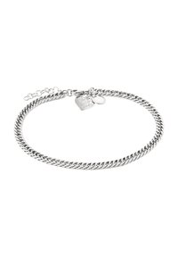 Bracciale in argento con un design a catena liscia e intrecciata. Presenta un charm a forma di cuore e un pendente circolare, con chiusura regolabile.