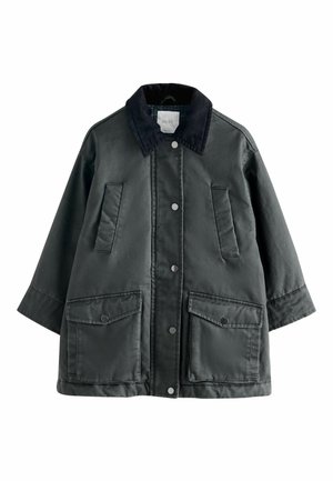 Dunkelgrüner Stoffmantel mit Cordkragen, doppelten Fronttaschen und Druckknopfverschlüssen. Verfügt über eine lockere Passform und lange Ärmel.