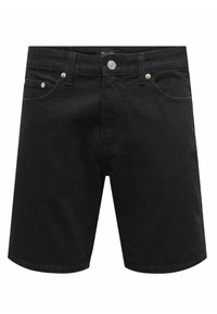 Shorts de mezclilla negra con corte recto, cinco bolsillos, herrajes plateados y costuras visibles. La tela tiene una textura suave y un diseño casual.