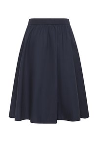 Jupe évasée longueur genou bleu marine avec ceinture élastique, texture lisse et légères plis pour plus de volume.