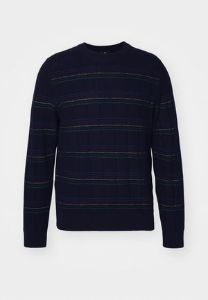 Navy sweater with a textured pattern, featuring colorful horizontal stripes in green, red, and yellow. Crew neckline and ribbed cuffs.
