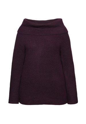 Pull violet à épaules nues, texture tricotée, encolure large, manches longues, coupe décontractée et ourlet droit.
