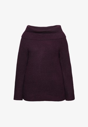 Suéter morado off-the-shoulder, textura de punto, escote ancho, mangas largas, ajuste relajado y dobladillo recto.