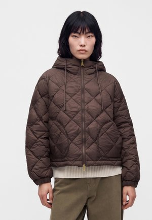 Un mannequin pose devant un fond uni, portant une veste à capuche matelassée en losanges marron avec une fermeture éclair à l’avant et de grandes poches.