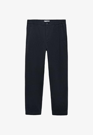 Granatowe spodnie wykonane z mieszanki bawełny, o prostym kroju, z przednimi kieszeniami i zapięciem na guzik. Gładka tekstura.