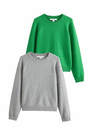 Two long-sleeve crew neck sweaters, one green and one gray, both with ribbed cuffs and hem, displayed on a white background.