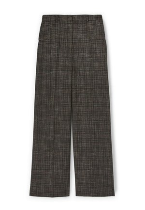 Gray patterned wide-leg pants with a textured finish, featuring a flat front and waistband, and a loose, relaxed silhouette.
