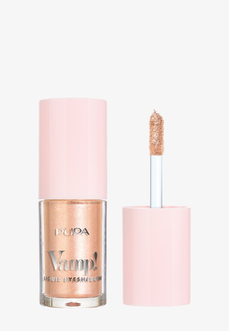 Flüssiger Lidschatten in einem transparenten Behälter mit rosa Deckel. Enthält einen goldenen Schimmer. Der Applikatorstift ist weiß mit einer flockigen Spitze.