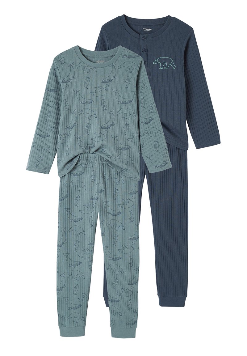 Two pairs of ribbed long-sleeve kids' pajamas, one teal with whale, penguin, and bear outlines, one navy with teal bear embroidery and buttons.