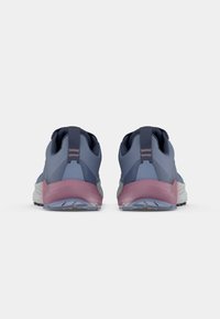 Running shoes with a blue and pink color scheme, featuring a textured upper, cushioned heel, and a rubber outsole with traction patterns.